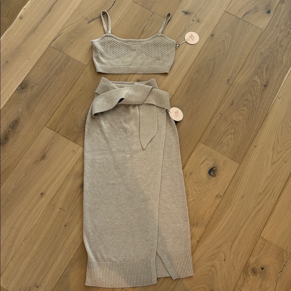 Camila Coelho Tan Cream Pencil Midi Skirt with matching bralette top